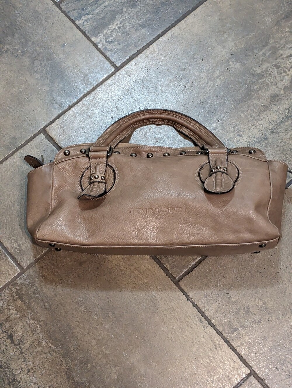 Dimoni Y2K Pebble Leather Stud Detail EW Butter Soft Satchel Shoulder Bag Taupe - Picture 6 of 17